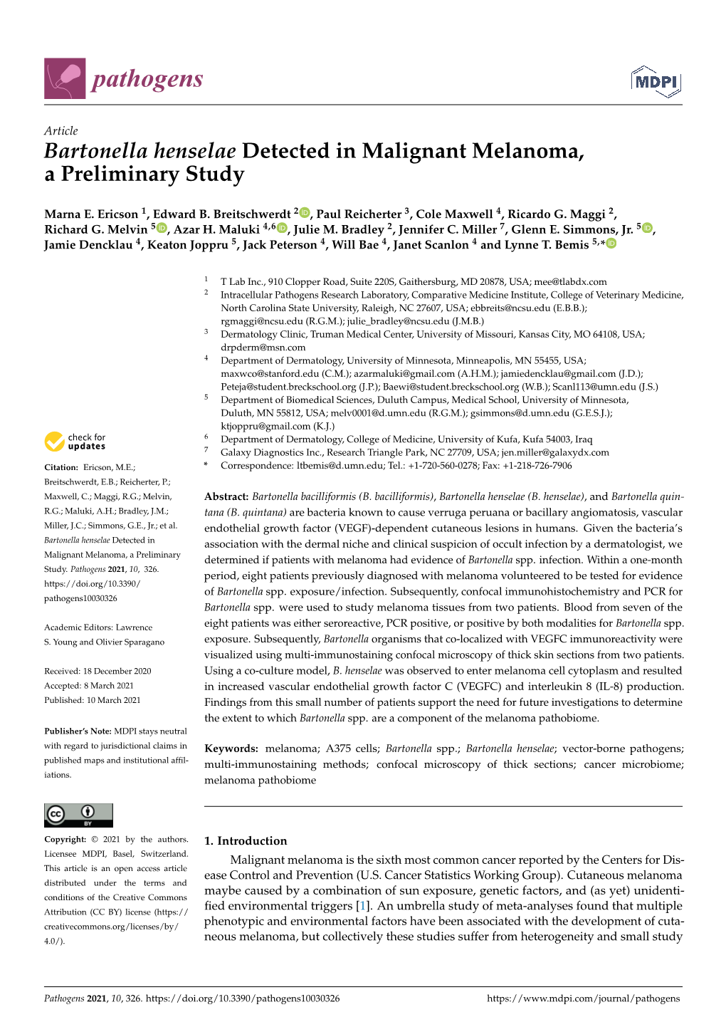 Bartonella Henselae Detected in Malignant Melanoma, a Preliminary Study