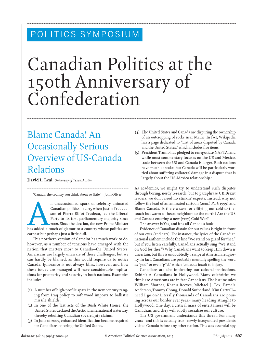 Canadian Politics at the 150Th Anniversary of Confederation