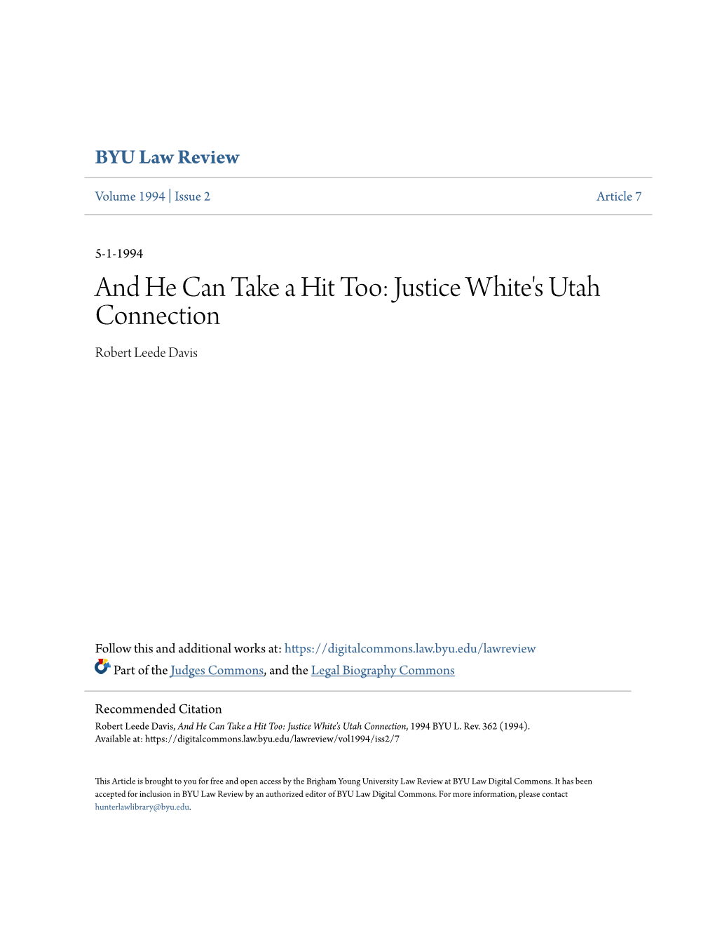 Justice White's Utah Connection Robert Leede Davis