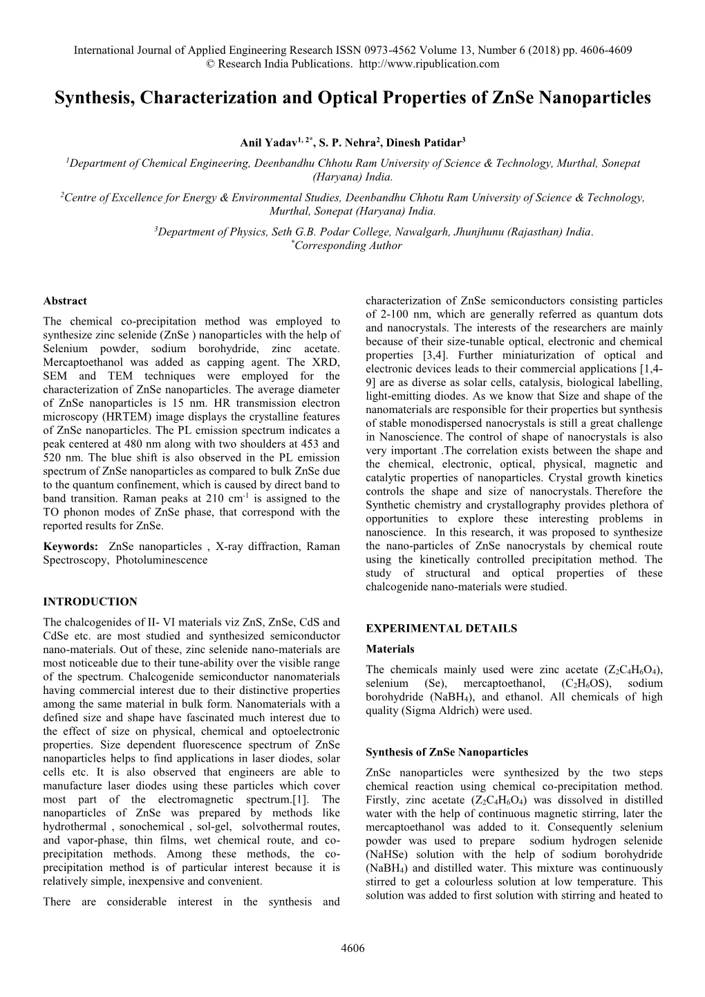 Synthesis, Characterization and Optical Properties of Znse Nanoparticles