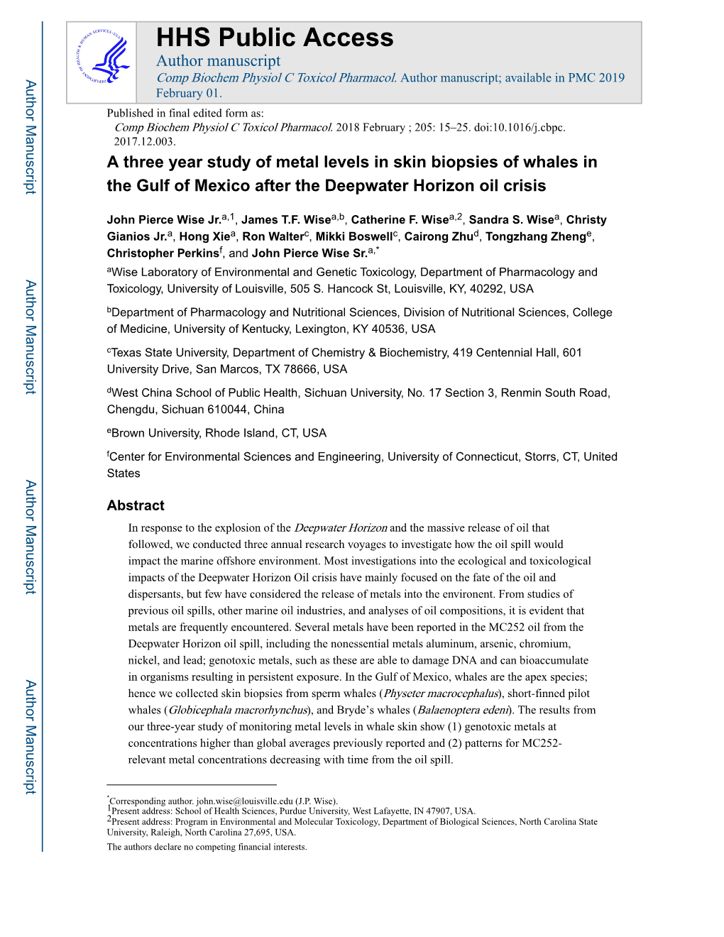 A Three Year Study of Metal Levels in Skin Biopsies of Whales in the Gulf of Mexico After the Deepwater Horizon Oil Crisis