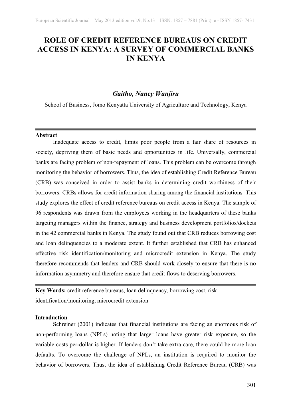 Role of Credit Reference Bureaus on Credit Access in Kenya: a Survey of Commercial Banks in Kenya