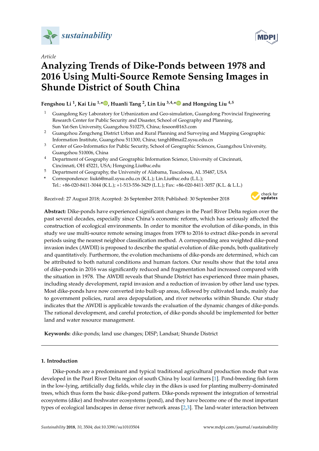 Analyzing Trends of Dike-Ponds Between 1978 and 2016 Using Multi-Source Remote Sensing Images in Shunde District of South China