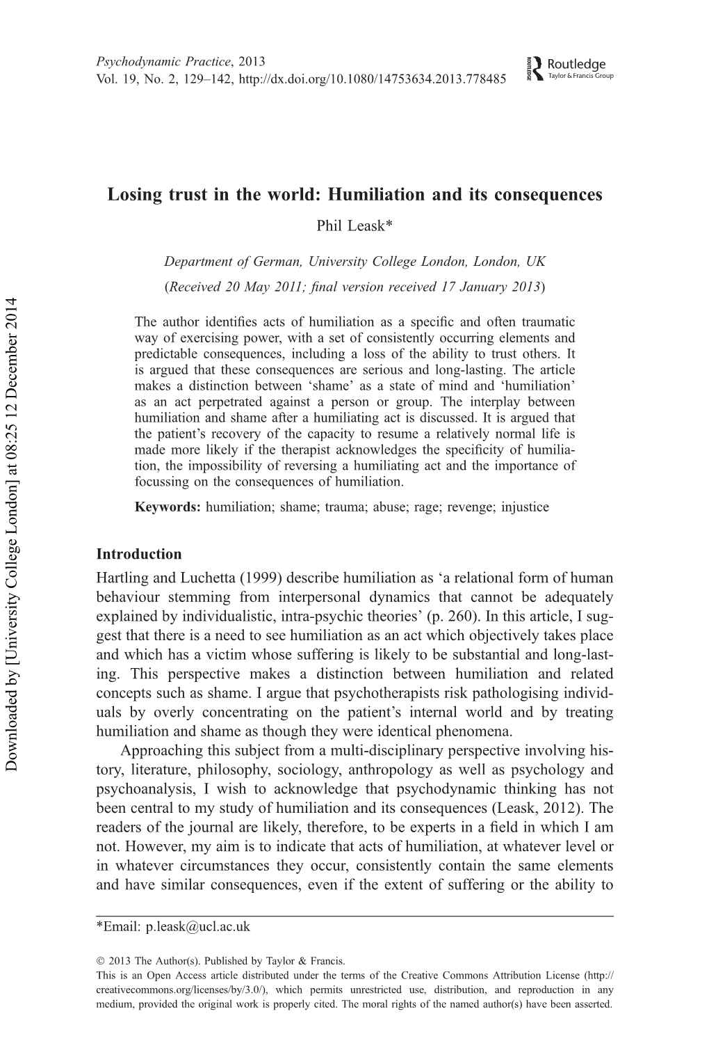 Losing Trust in the World: Humiliation and Its Consequences Phil Leask*