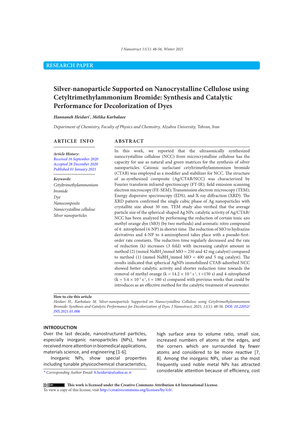 Silver-Nanoparticle Supported on Nanocrystalline Cellulose Using Cetyltrimethylammonium Bromide: Synthesis and Catalytic Performance for Decolorization of Dyes