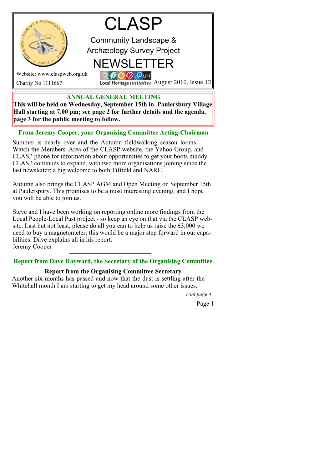 NEWSLETTER Website: Charity No 1111667 August 2010, Issue 12