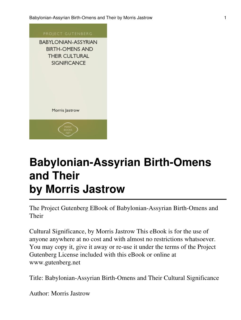 Babylonian-Assyrian Birth-Omens and Their by Morris Jastrow 1