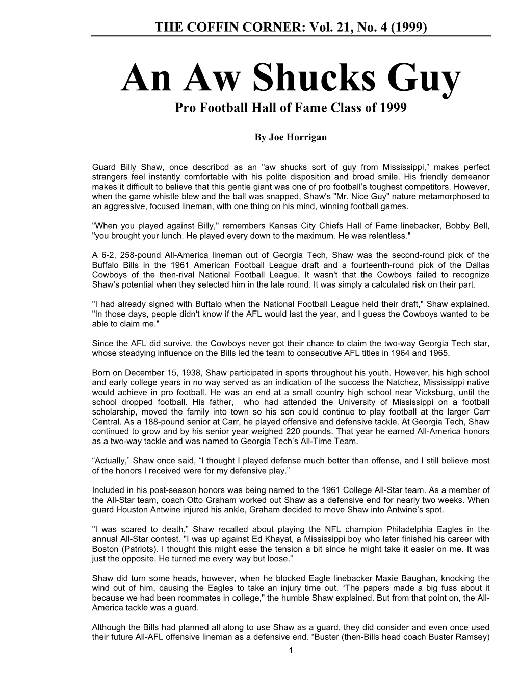 An Aw Shucks Guy: Billy Shaw