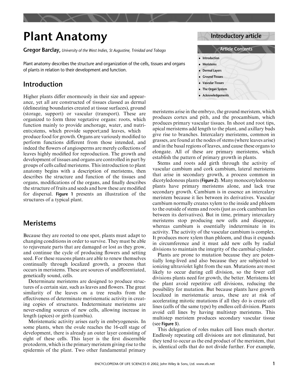 "Plant Anatomy". In: Encyclopedia of Life Sciences