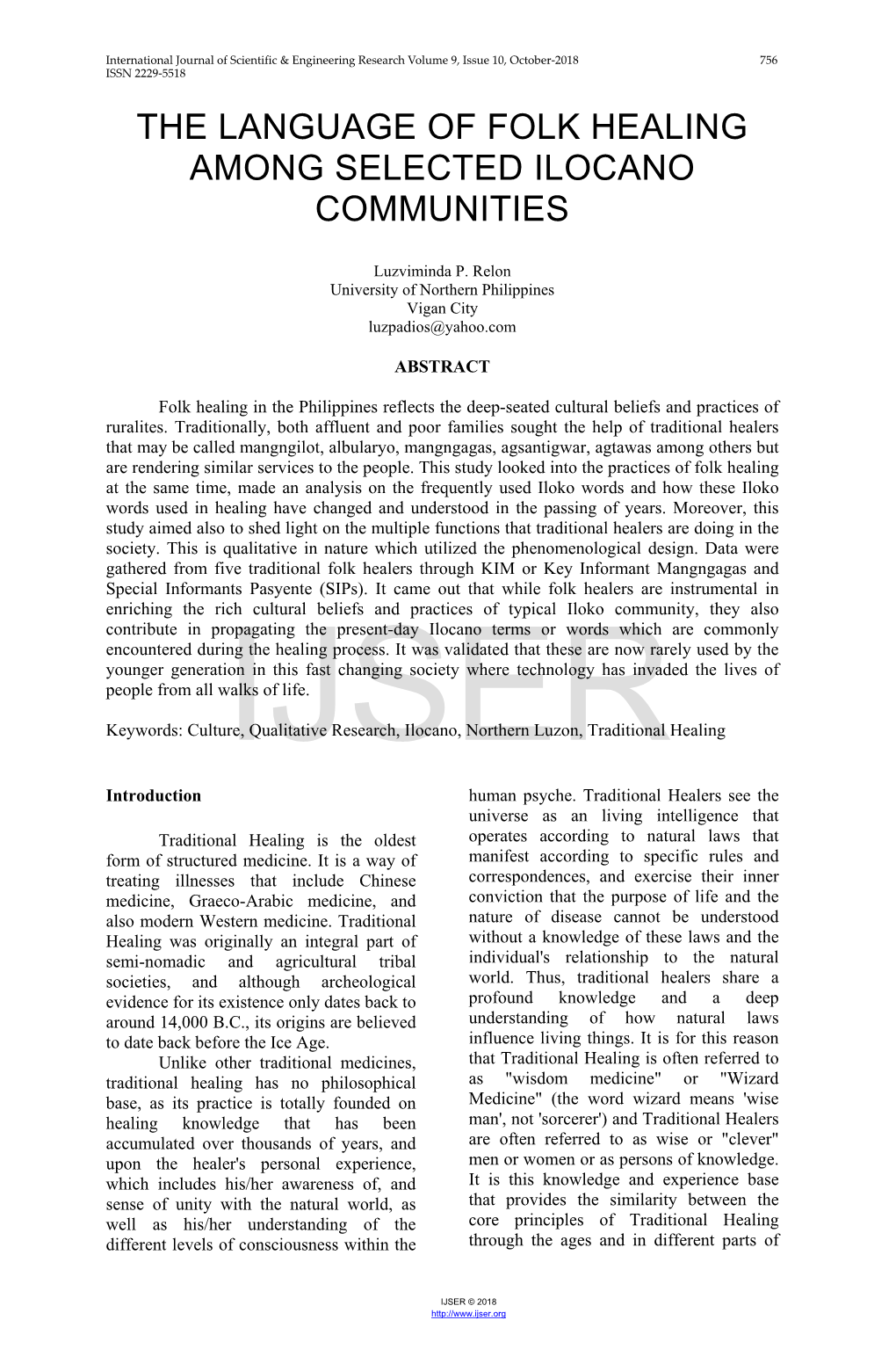 The Language of Folk Healing Among Selected Ilocano Communities