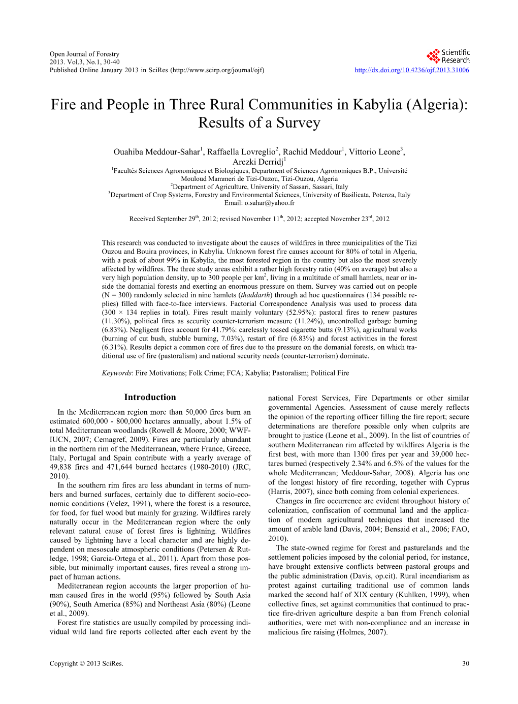 Fire and People in Three Rural Communities in Kabylia (Algeria): Results of a Survey
