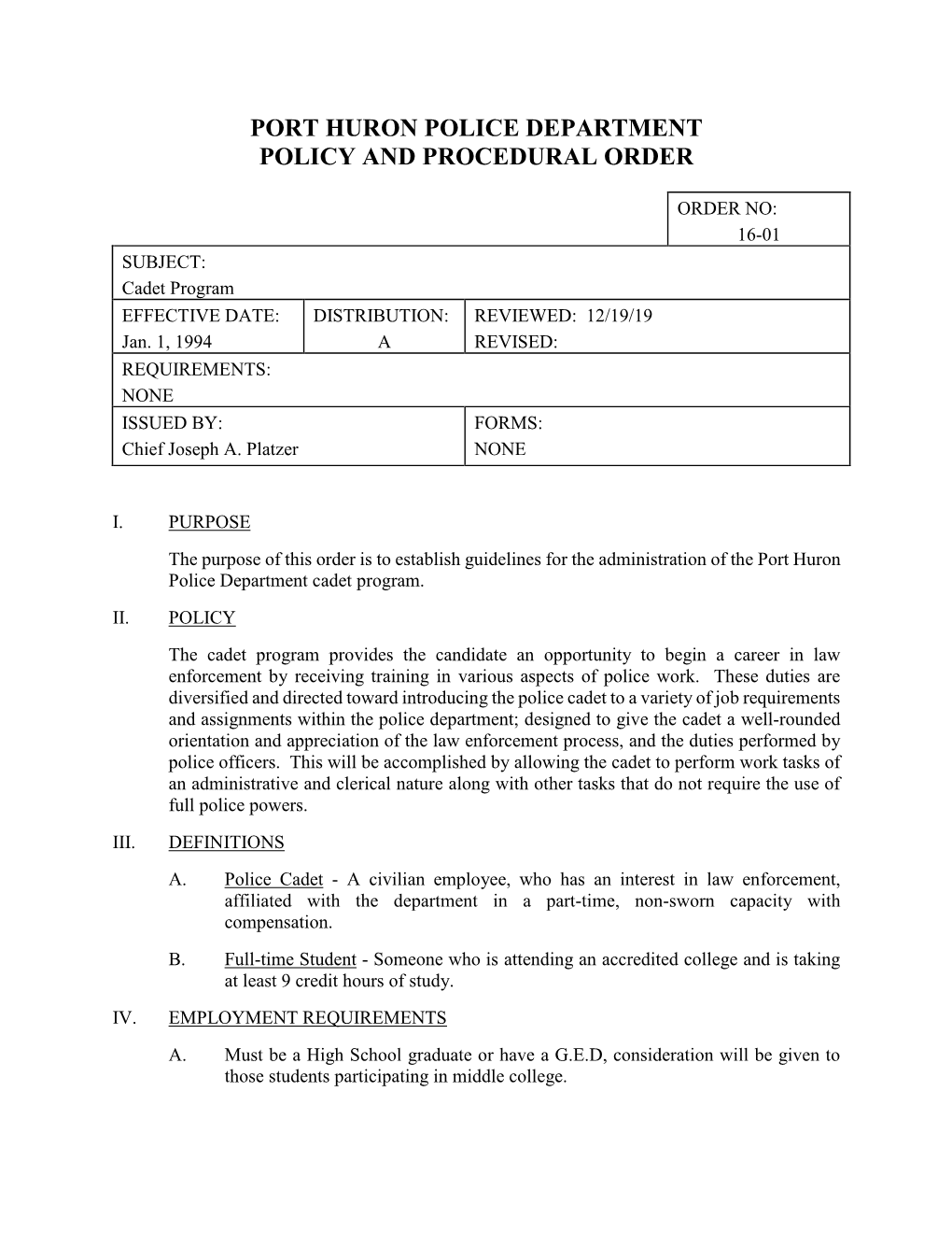 Port Huron Police Department Policy and Procedural Order