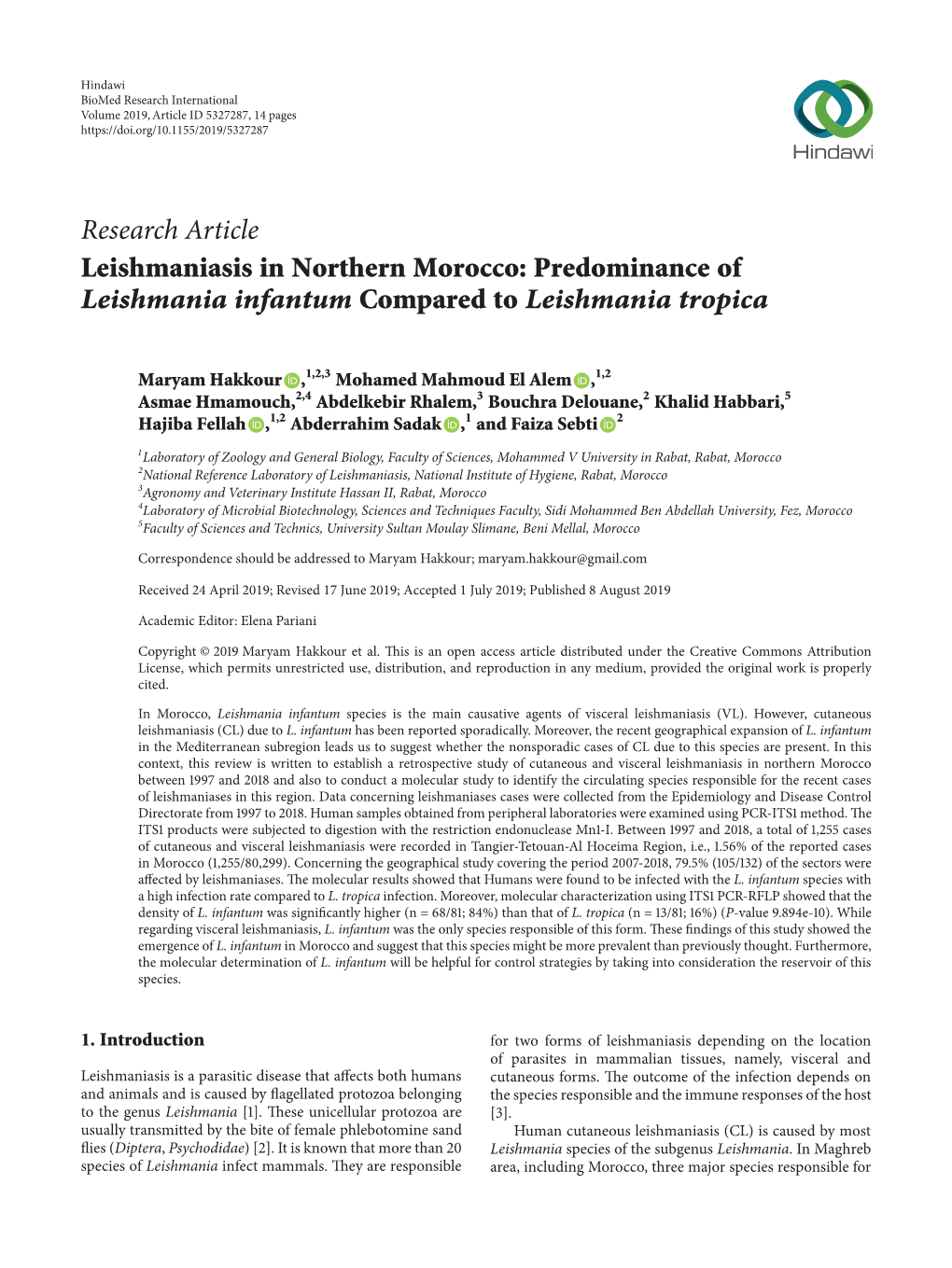 Leishmaniasis in Northern Morocco: Predominance of Leishmania Infantum Compared to Leishmania Tropica