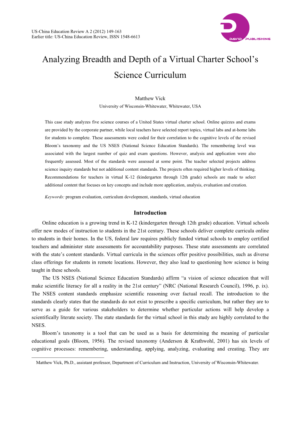 Analyzing Breadth and Depth of a Virtual Charter School's Science