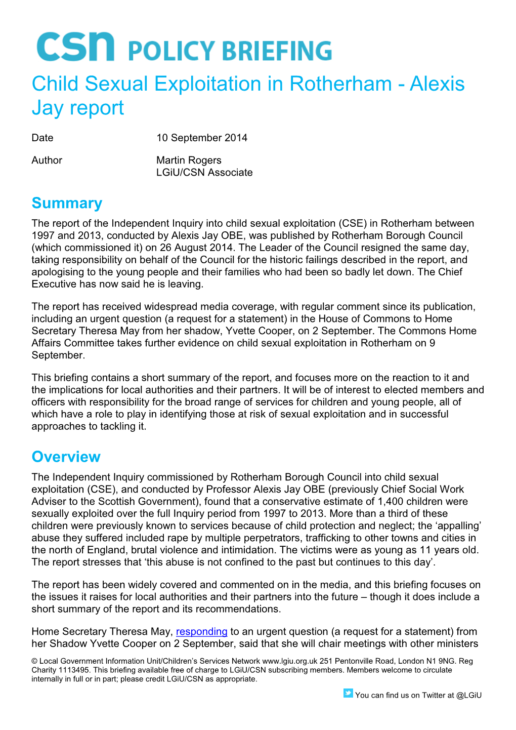 Child Sexual Exploitation in Rotherham - Alexis Jay Report