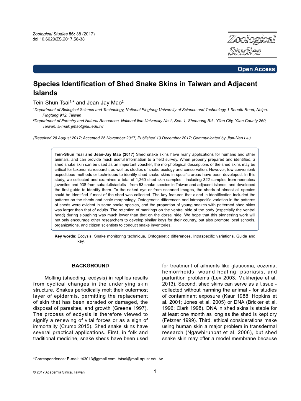 Species Identification of Shed Snake Skins in Taiwan and Adjacent Islands