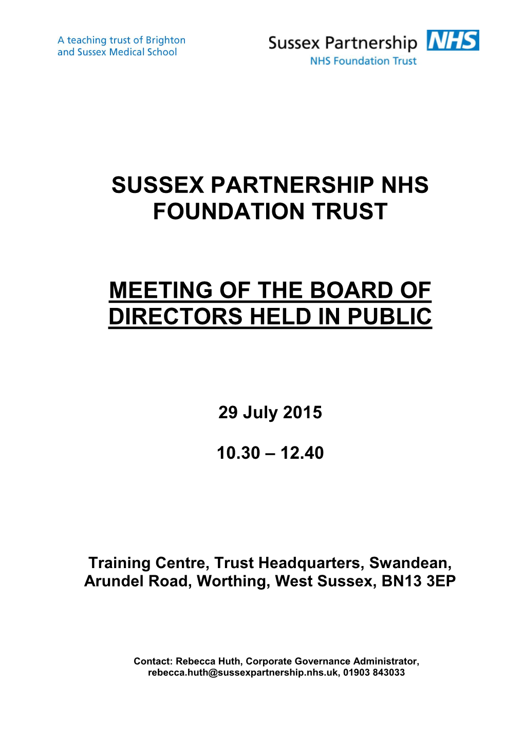 Sussex Partnership Nhs Foundation Trust Meeting of the Board Of