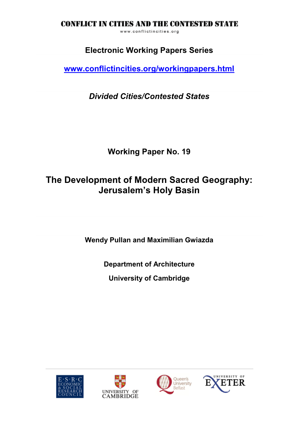 The Development of Modern Sacred Geography: Jerusalem's Holy Basin