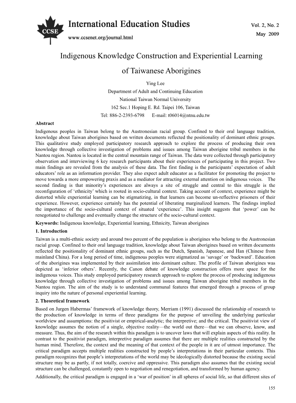 Indigenous Knowledge Construction and Experiential Learning of Taiwanese Aborigines