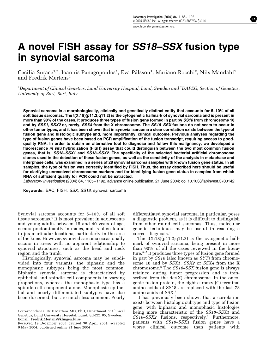 A Novel FISH Assay for SS18–SSX Fusion Type in Synovial Sarcoma