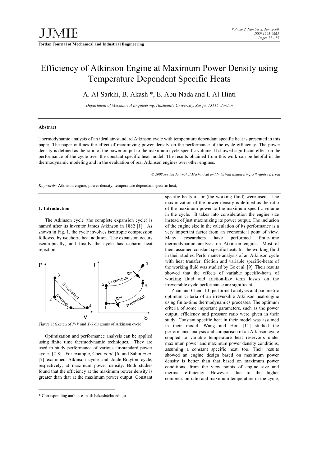 Efficiency of Atkinson Engine at Maximum Power Density Using Temperature Dependent Specific Heats