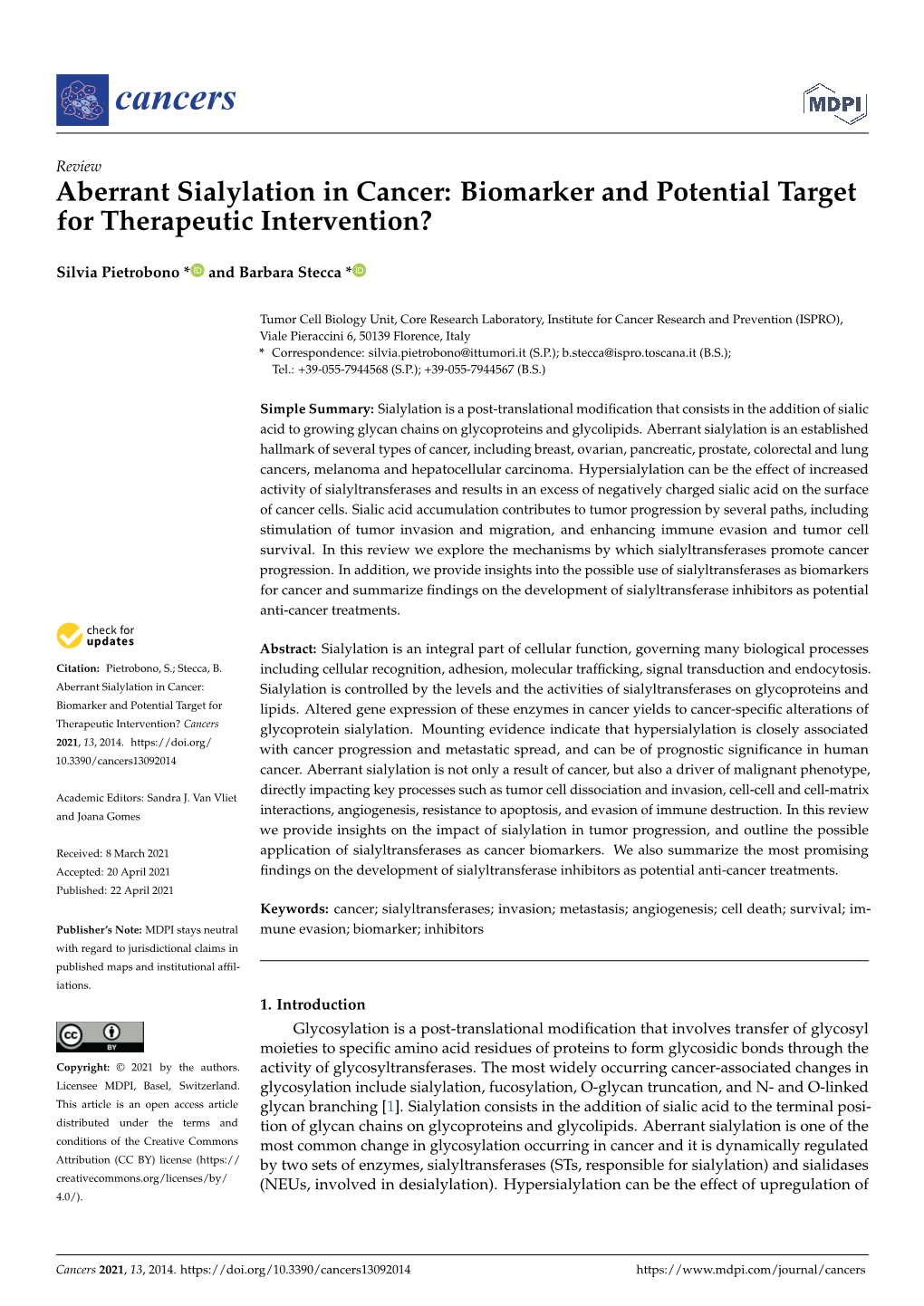 Aberrant Sialylation in Cancer: Biomarker and Potential Target for Therapeutic Intervention?