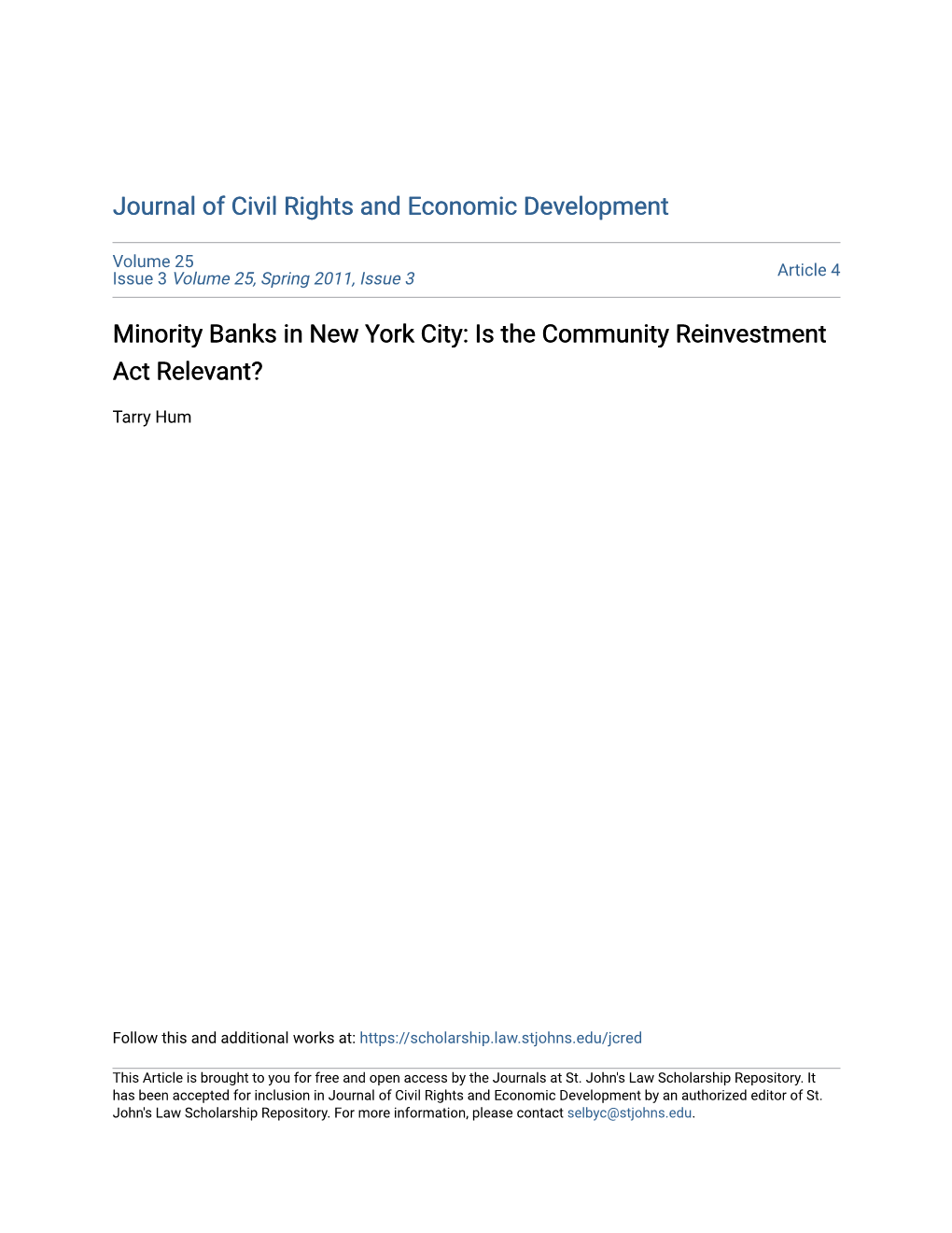 Minority Banks in New York City: Is the Community Reinvestment Act Relevant?