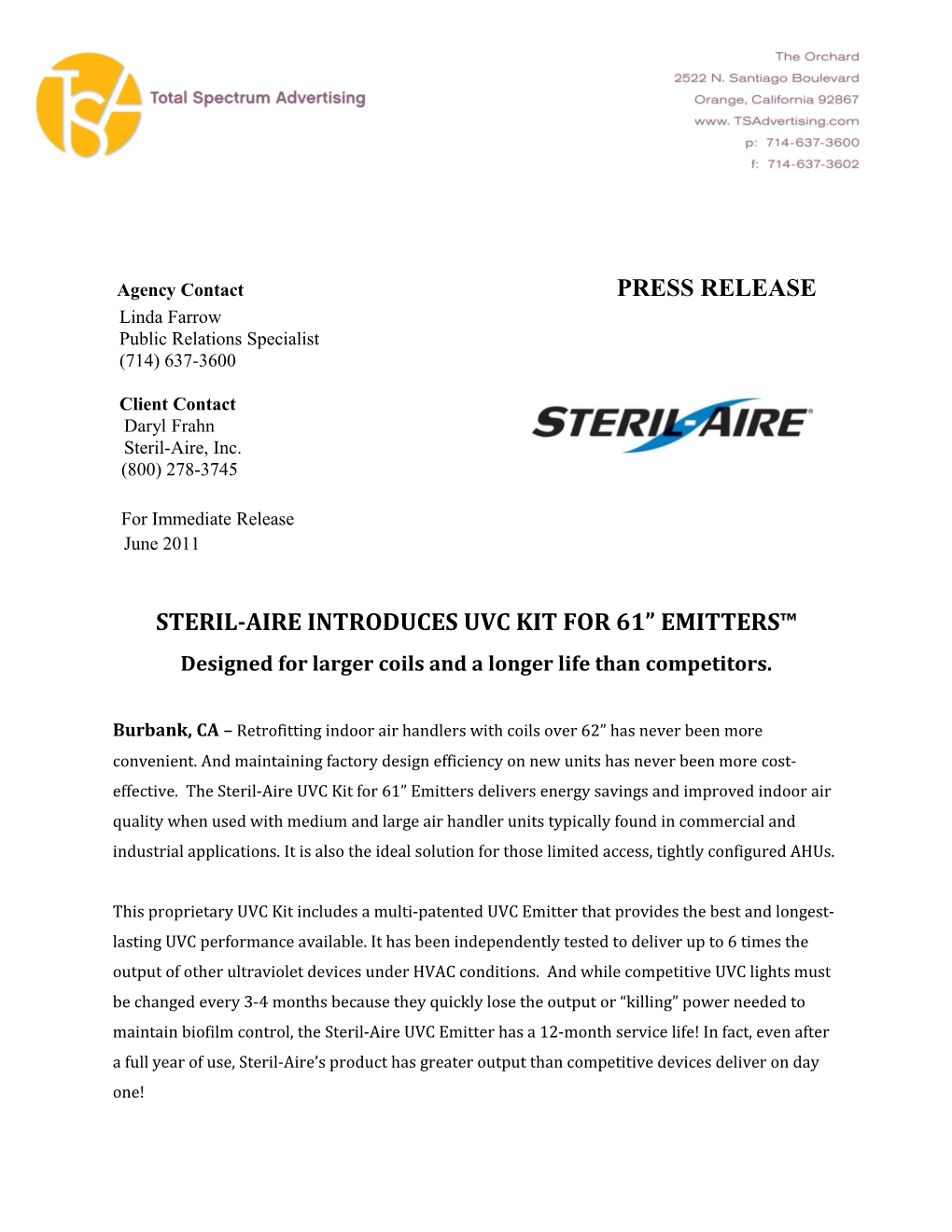 Agency Contact PRESS RELEASE
