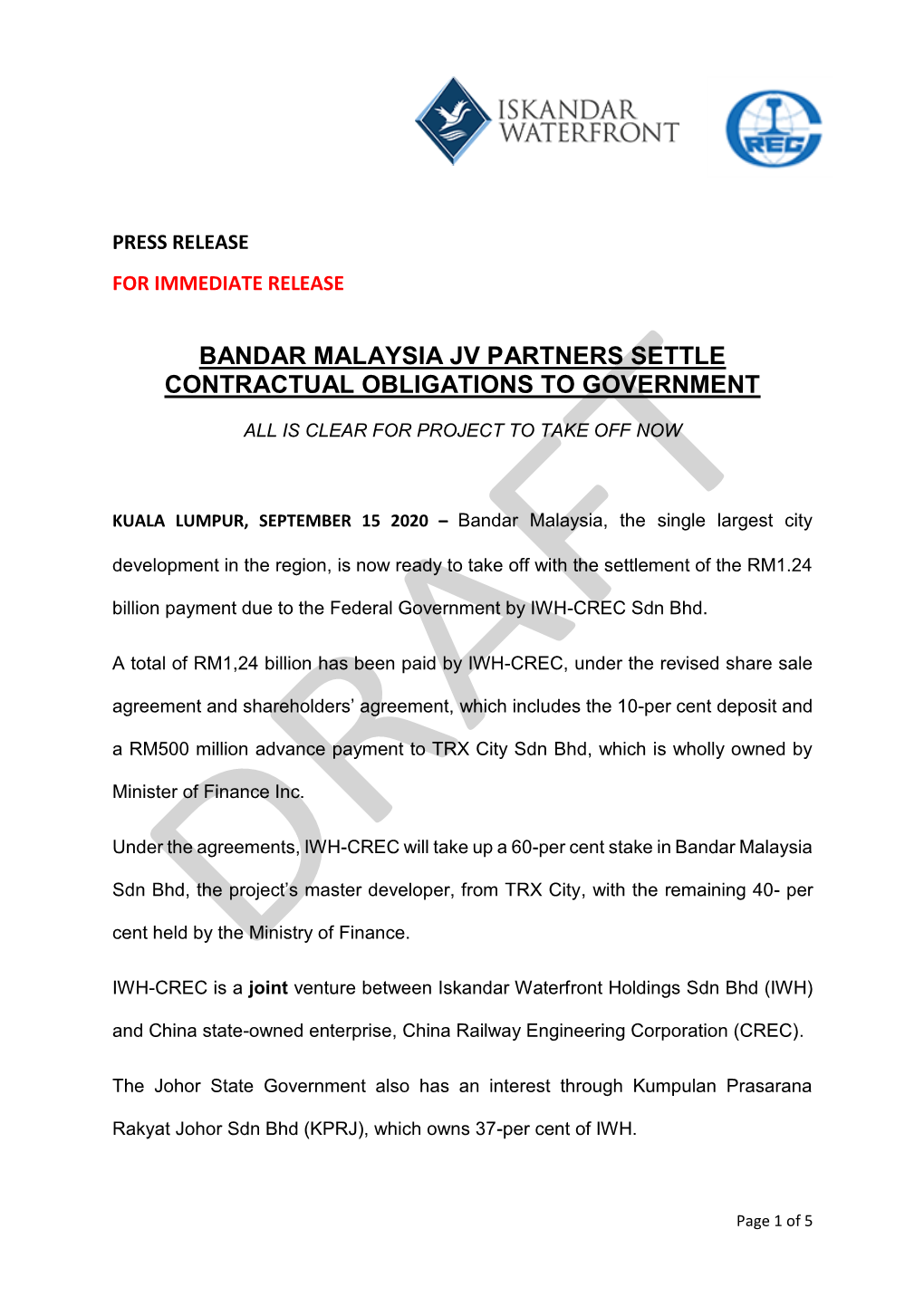 Bandar Malaysia Jv Partners Settle Contractual Obligations to Government