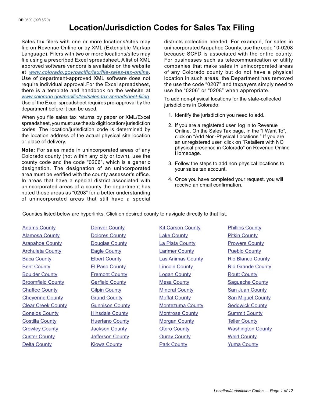 Location/Jurisdiction Codes for Sales Tax Filing