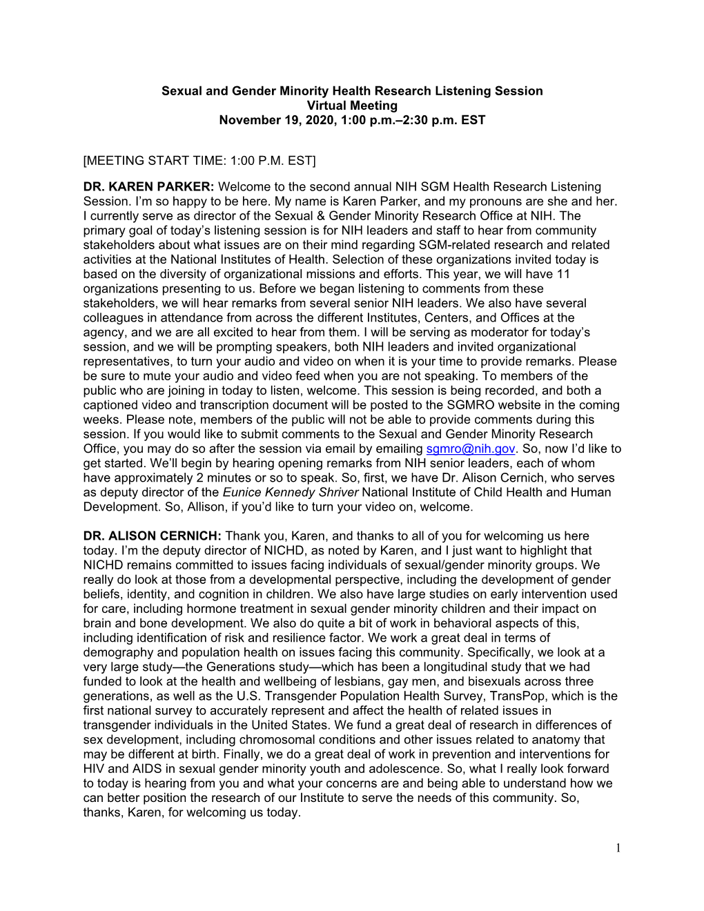 Sexual and Gender Minority Health Research Listening Session Virtual Meeting November 19, 2020, 1:00 P.M.–2:30 P.M