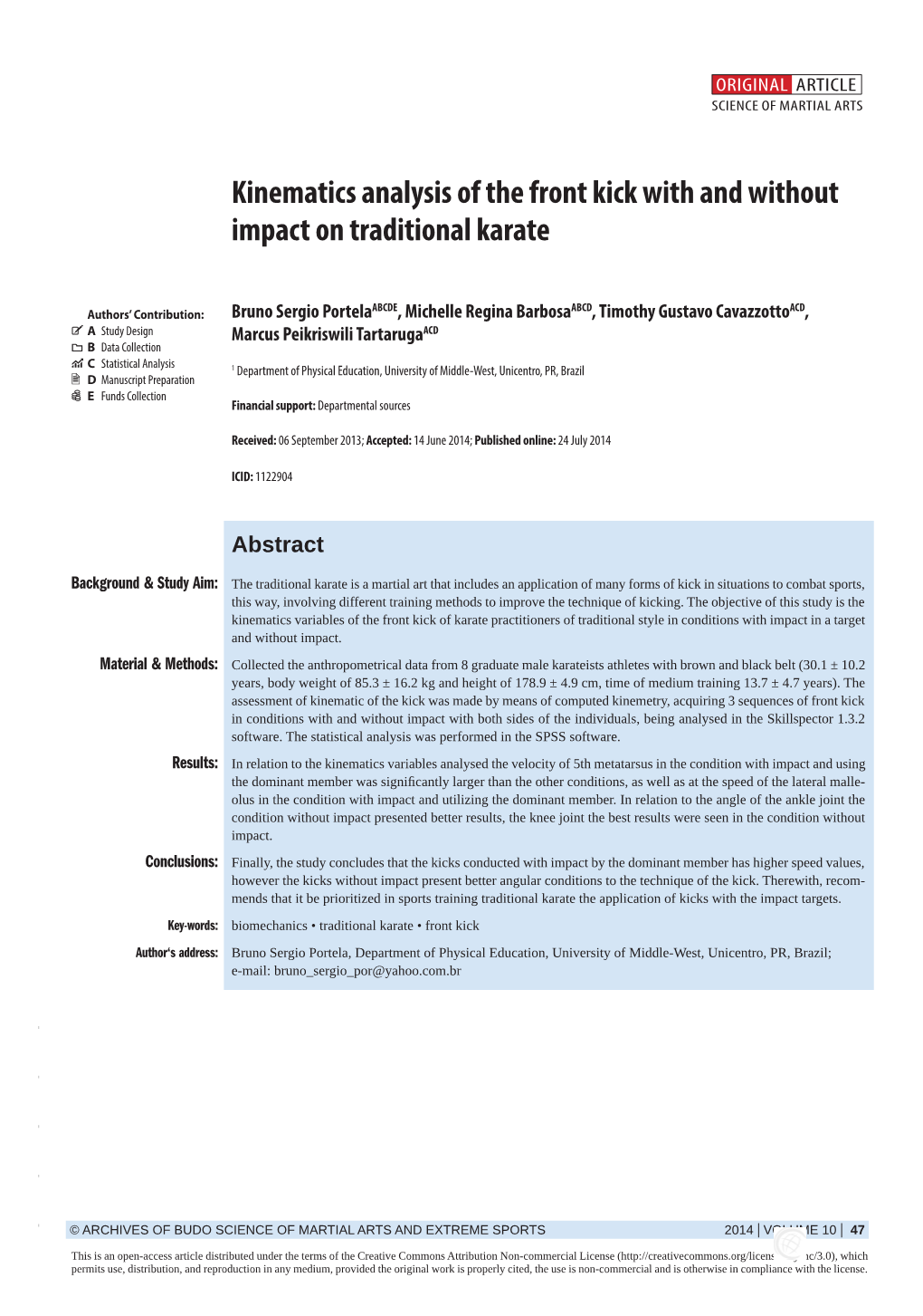 Kinematics Analysis of the Front Kick with and Without Impact on Traditional Karate