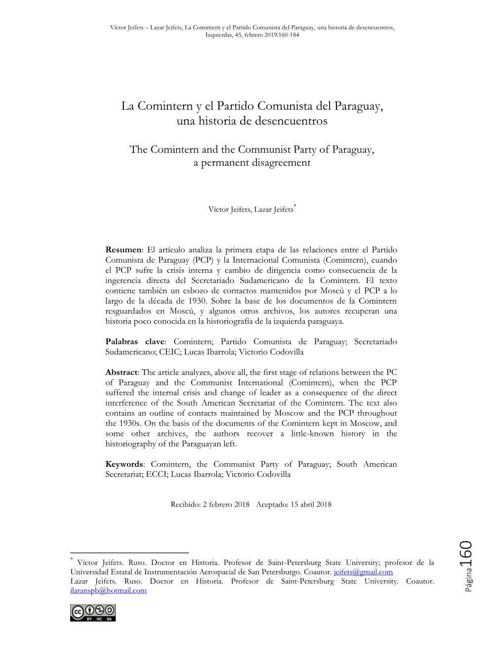 La Comintern Y El Partido Comunista Del Paraguay, Una Historia De Desencuentros, Izquierdas, 45, Febrero 2019:160-184