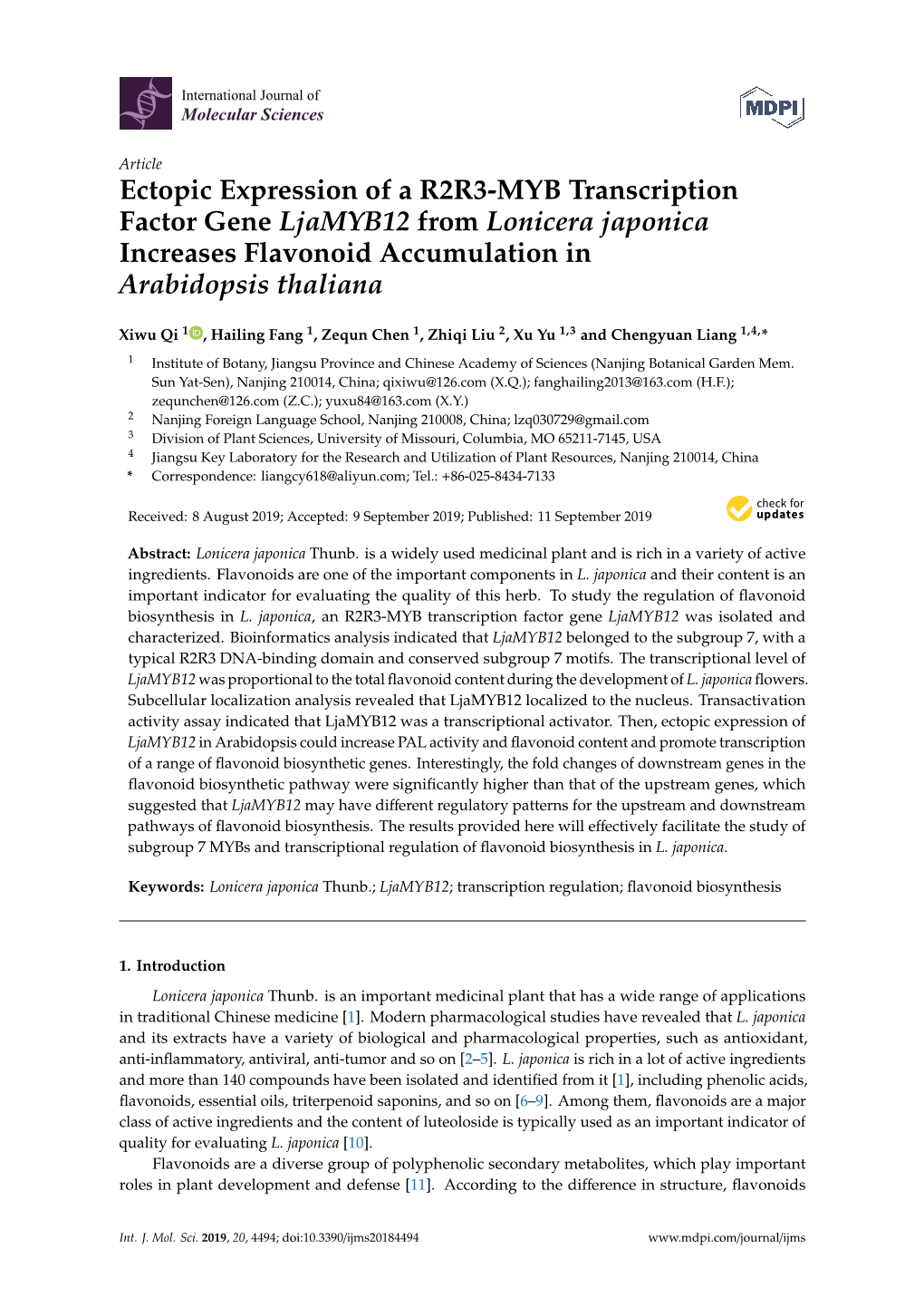 Ectopic Expression of a R2R3-MYB Transcription Factor Gene Ljamyb12 from Lonicera Japonica Increases Flavonoid Accumulation in Arabidopsis Thaliana