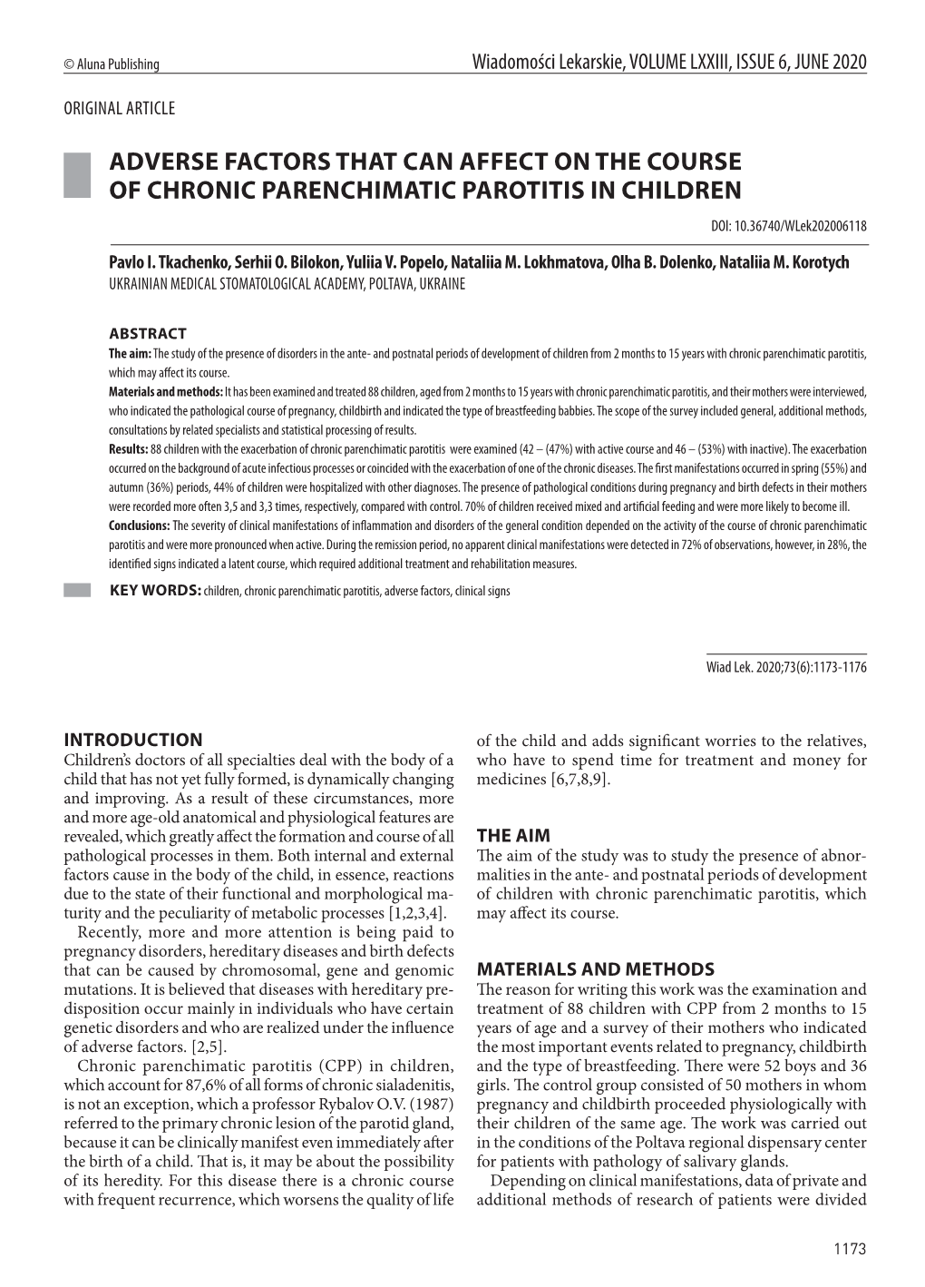 ADVERSE FACTORS THAT CAN AFFECT on the COURSE of CHRONIC PARENCHIMATIC PAROTITIS in CHILDREN DOI: 10.36740/Wlek202006118