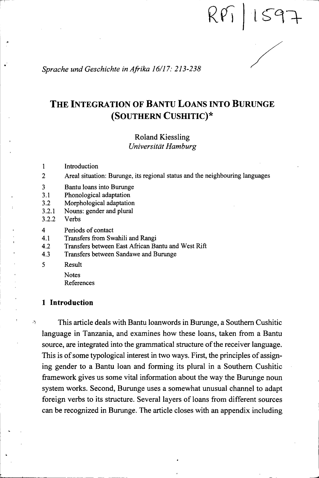 The Integration of Bantu Loans Into Burunge (Southern Cushitic)*