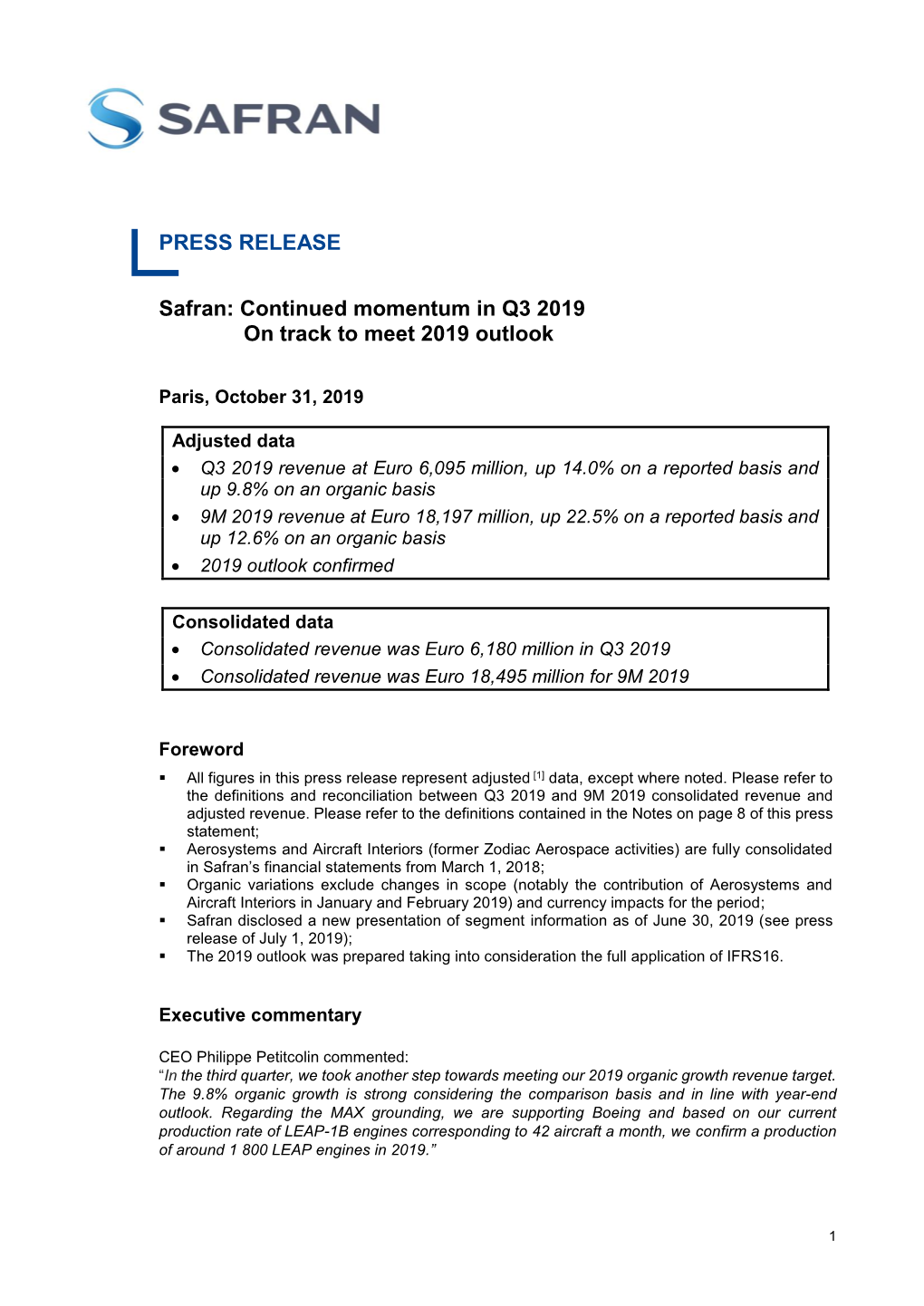 PRESS RELEASE Safran: Continued Momentum in Q3 2019