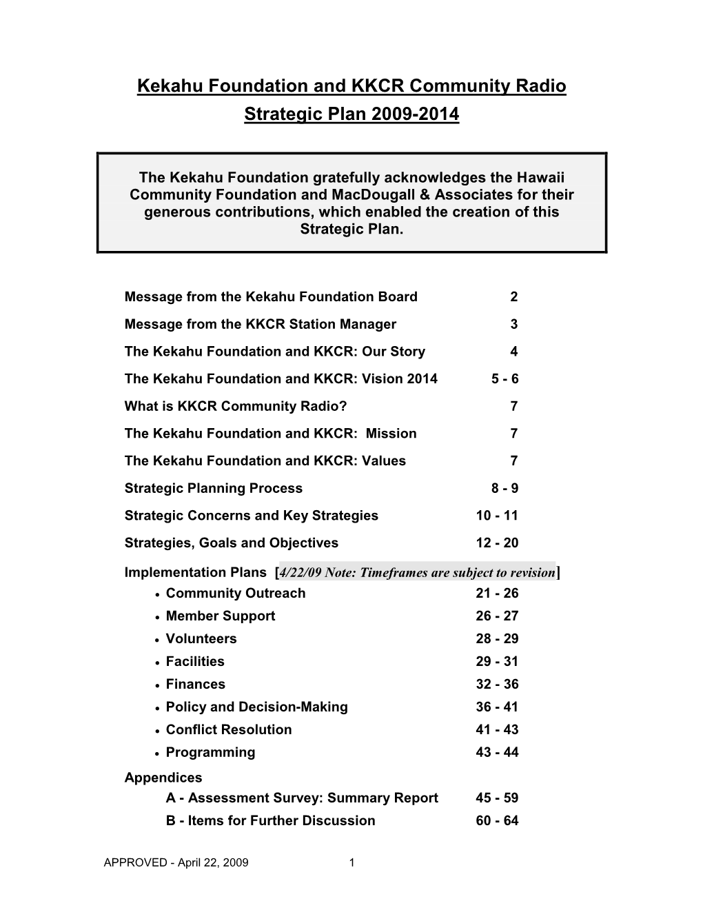 Kekahu Foundation and KKCR Community Radio Strategic Plan 2009-2014