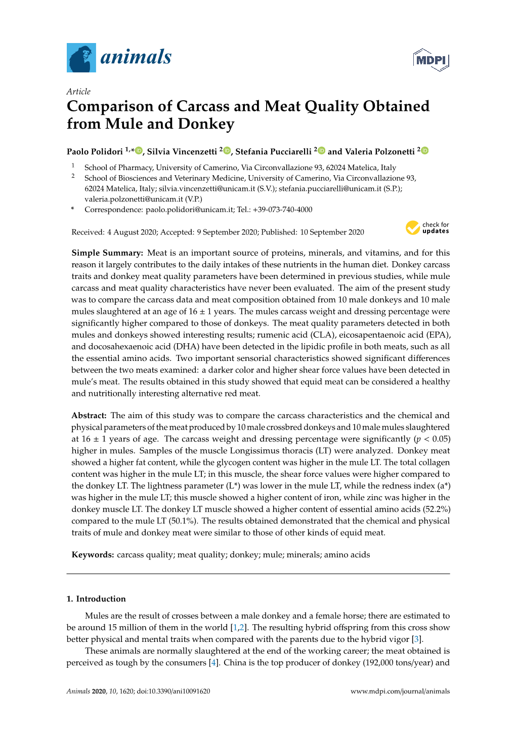 Comparison of Carcass and Meat Quality Obtained from Mule and Donkey