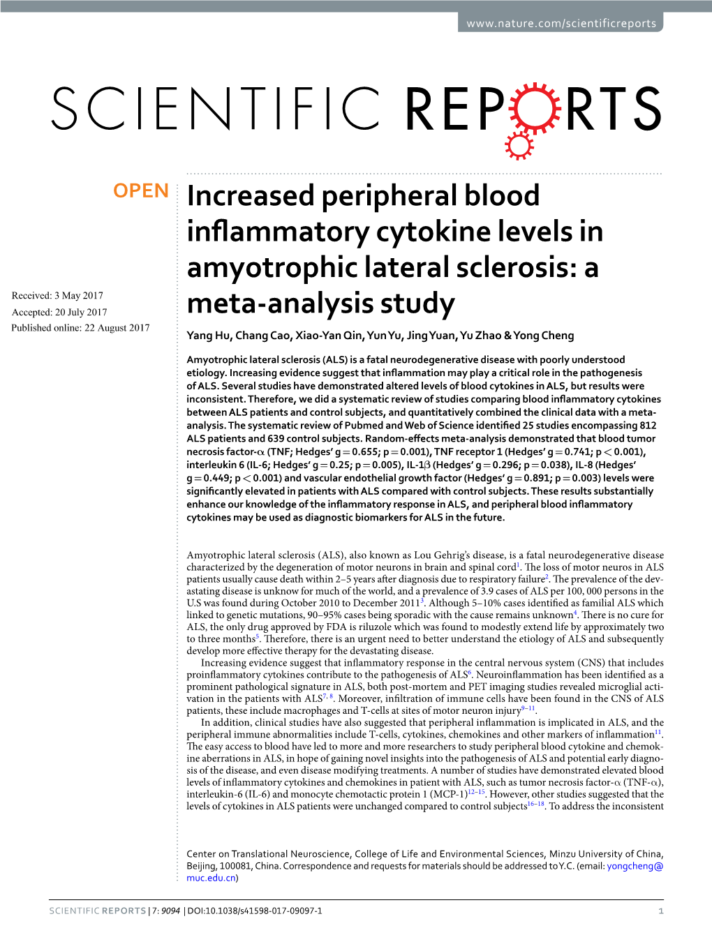 Increased Peripheral Blood Inflammatory Cytokine Levels In