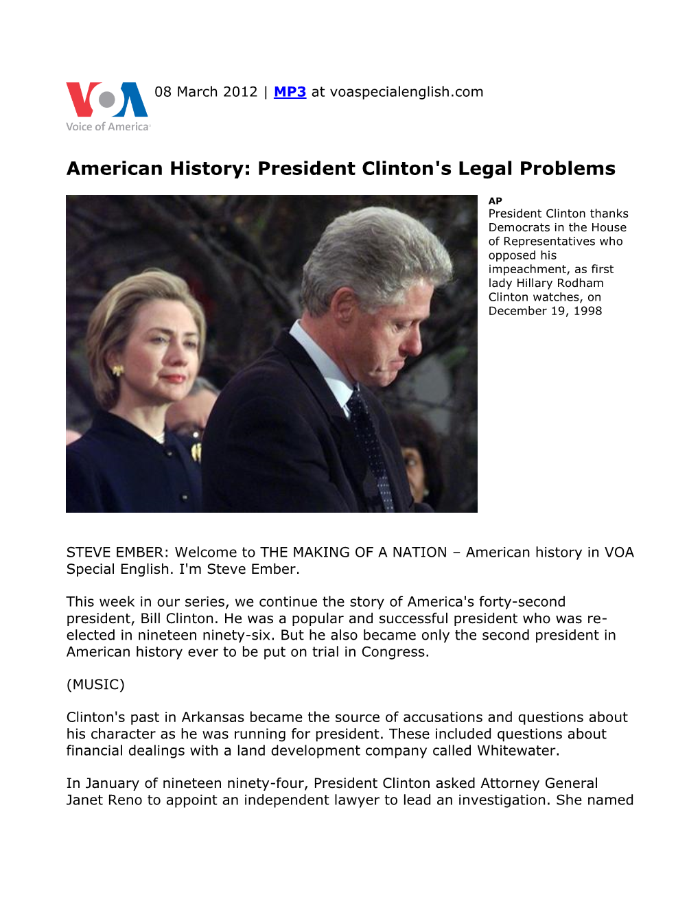 American History: President Clinton's Legal Problems