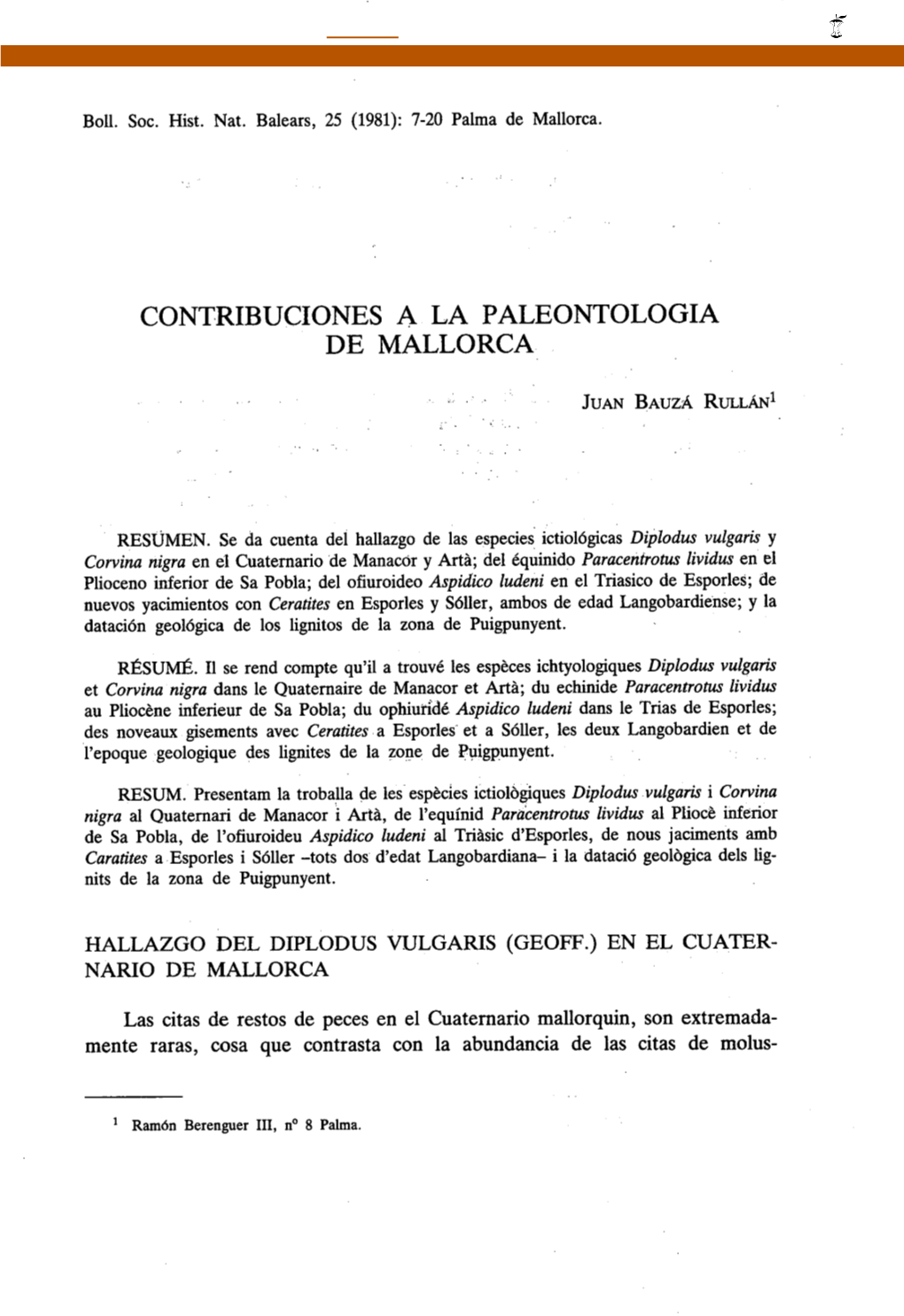 Contribuciones a La Paleontologia De Mallorca