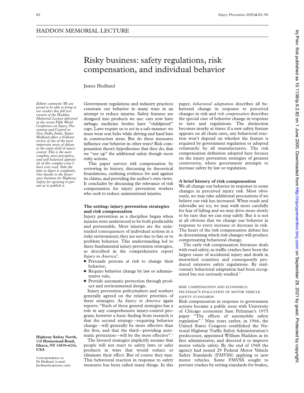 Safety Regulations, Risk Compensation, and Individual Behavior