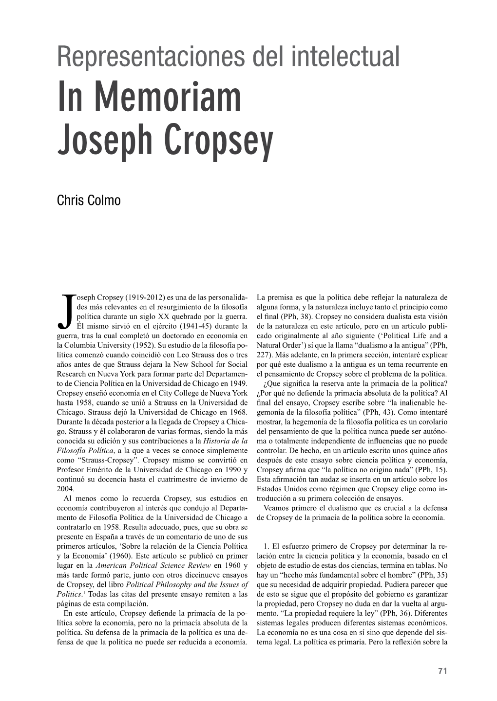 In Memoriam Joseph Cropsey