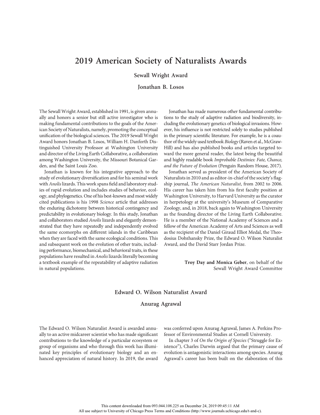 2019 American Society of Naturalists Awards