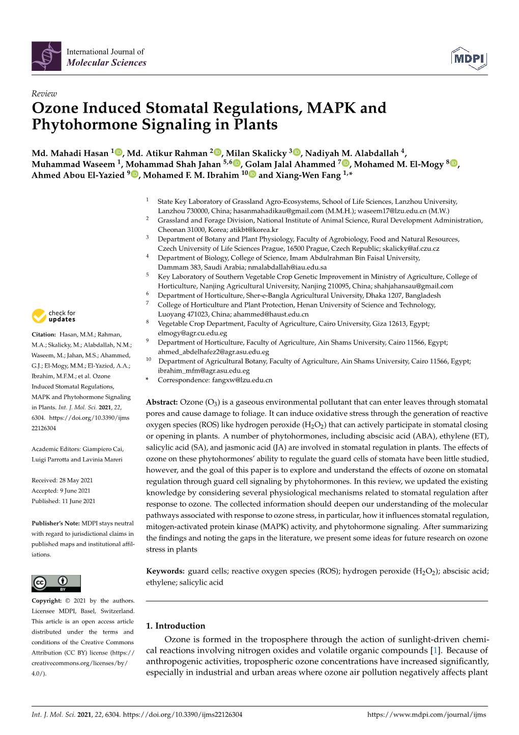 Ozone Induced Stomatal Regulations, MAPK and Phytohormone Signaling in Plants