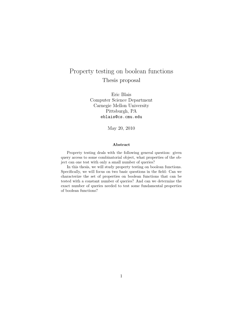 Property Testing on Boolean Functions Thesis Proposal