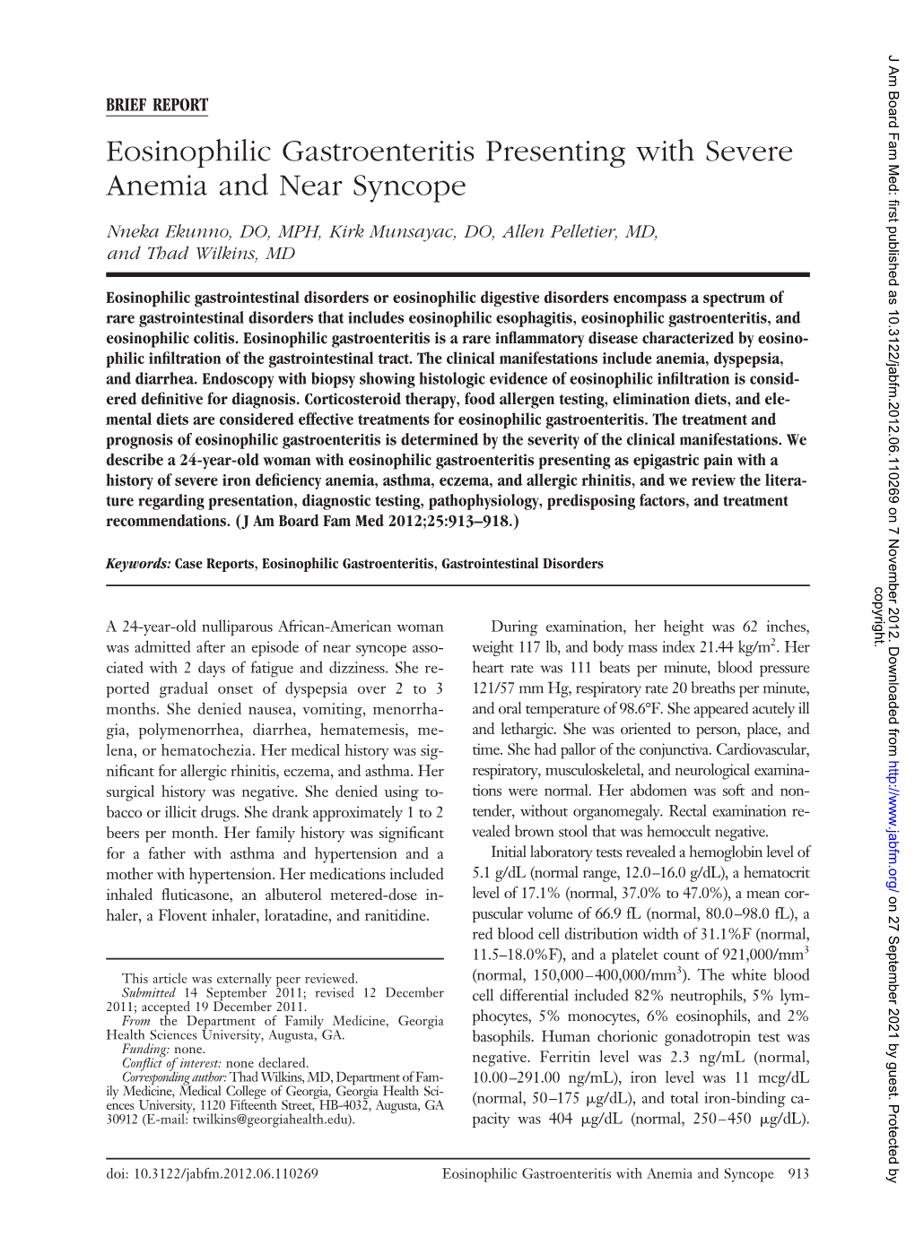 Eosinophilic Gastroenteritis Presenting with Severe Anemia and Near Syncope