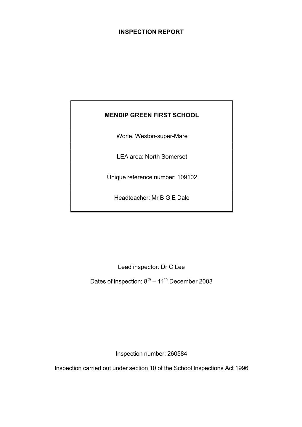 INSPECTION REPORT MENDIP GREEN FIRST SCHOOL Worle