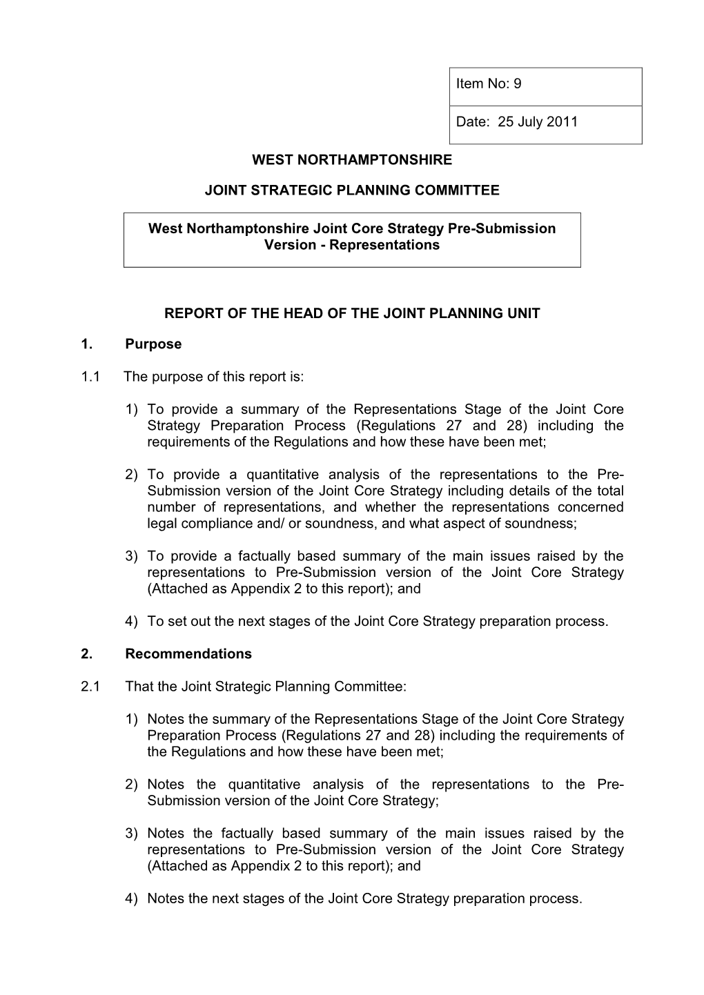 West Northamptonshire Joint Core Strategy Pre Submission Version